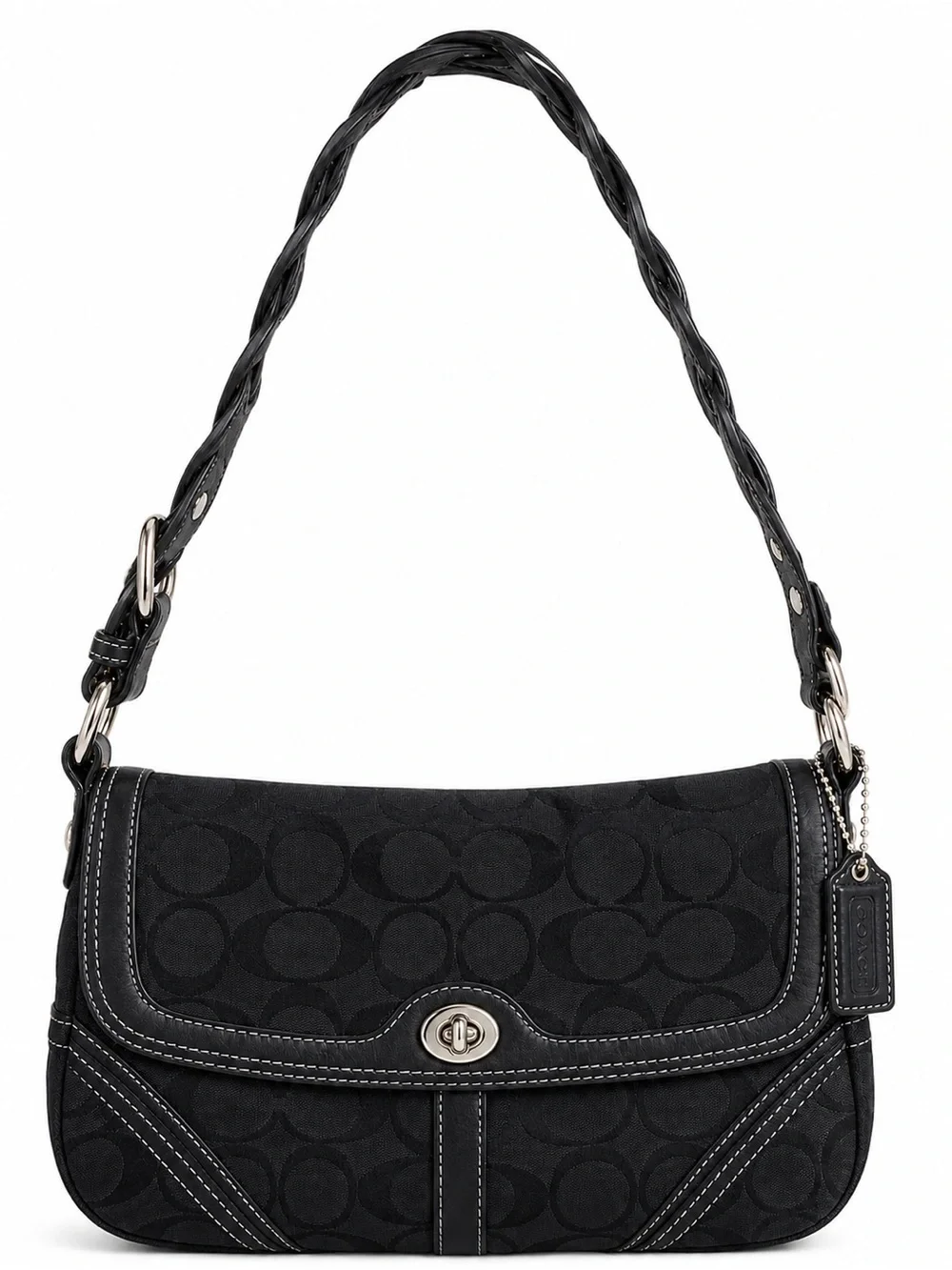 Coach Chelsea Black Signature Flap Canvas Braided Strap Shoulder Bag